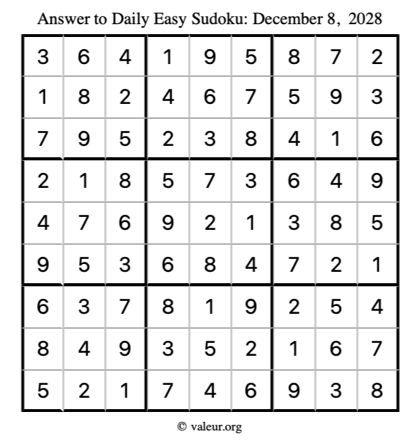 Answer to easy sudoku December 8, 2028