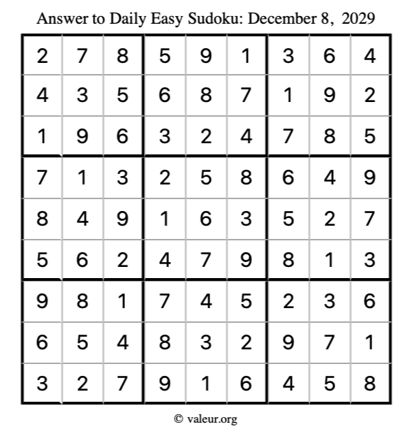 Answer to easy sudoku December 8, 2029