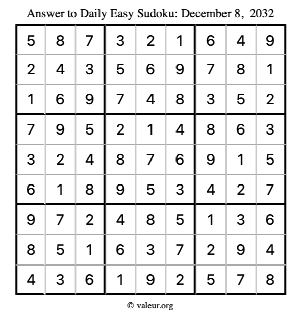 Answer to easy sudoku December 8, 2032