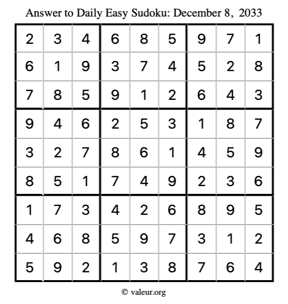 Answer to easy sudoku December 8, 2033