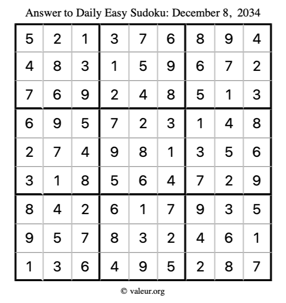 Answer to easy sudoku December 8, 2034