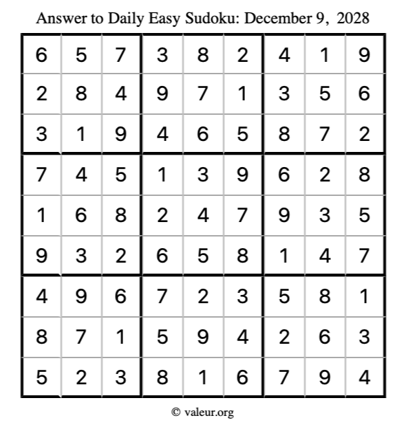 Answer to easy sudoku December 9, 2028