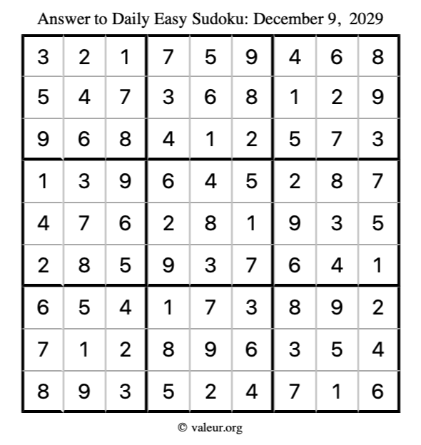 Answer to easy sudoku December 9, 2029