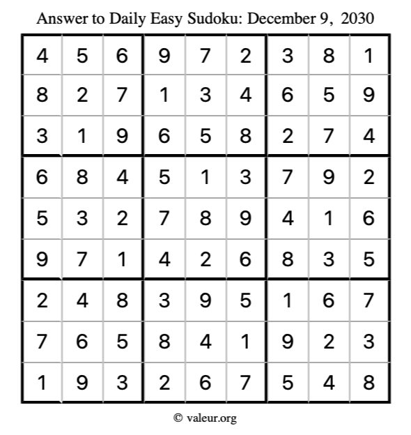 Answer to easy sudoku December 9, 2030