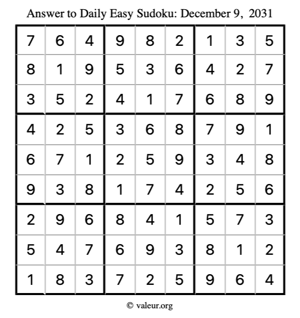 Answer to easy sudoku December 9, 2031