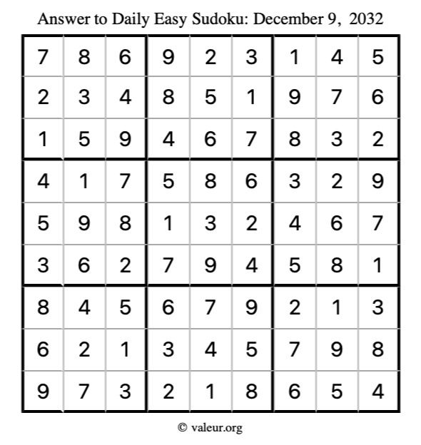 Answer to easy sudoku December 9, 2032