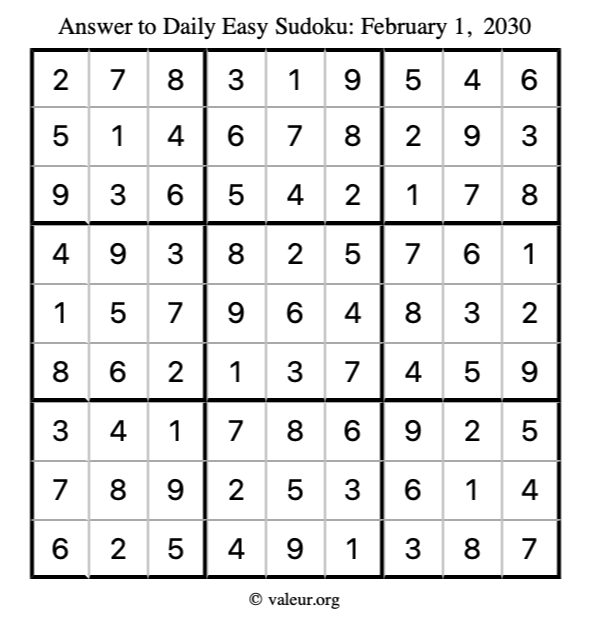 Answer to easy sudoku February 1, 2030