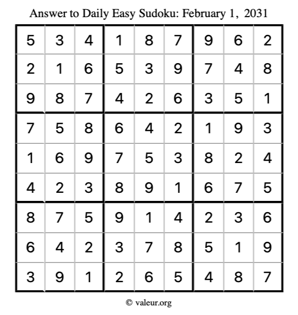 Answer to easy sudoku February 1, 2031
