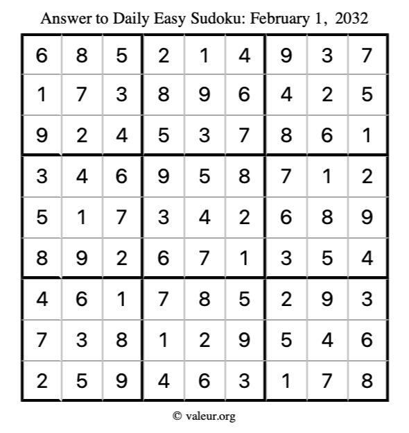 Answer to easy sudoku February 1, 2032