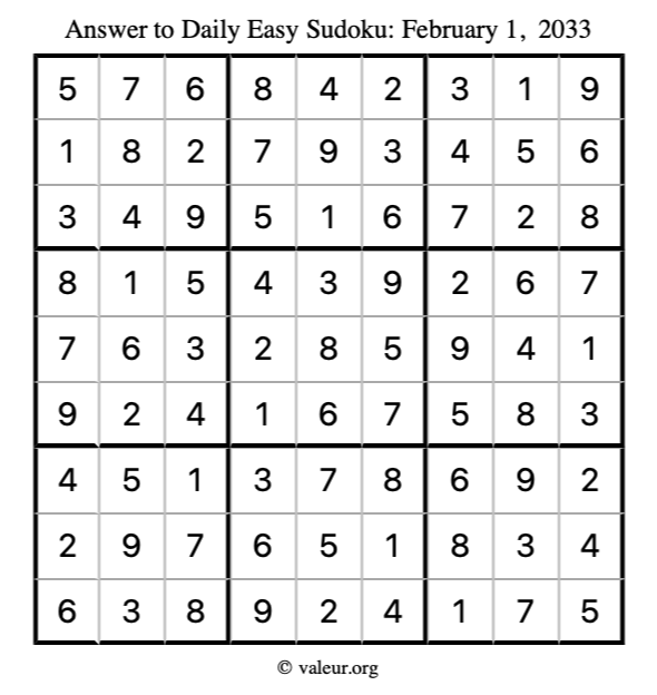 Answer to easy sudoku February 1, 2033