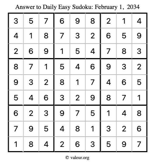 Answer to easy sudoku February 1, 2034