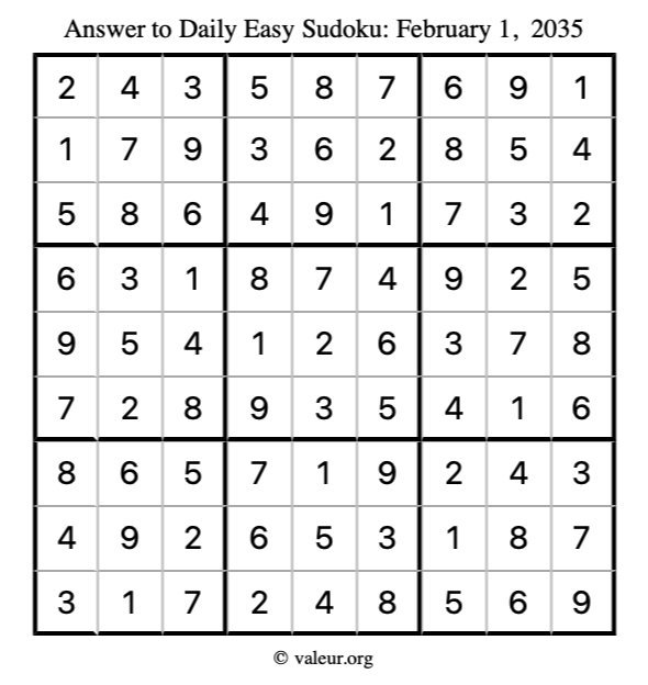 Answer to easy sudoku February 1, 2035