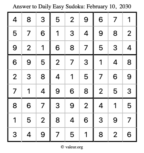 Answer to easy sudoku February 10, 2030