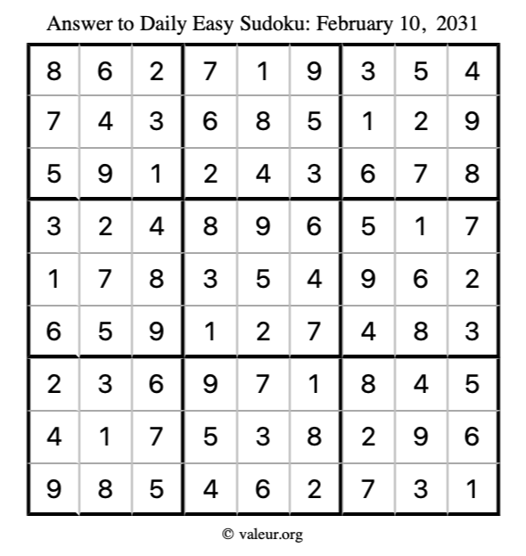 Answer to easy sudoku February 10, 2031