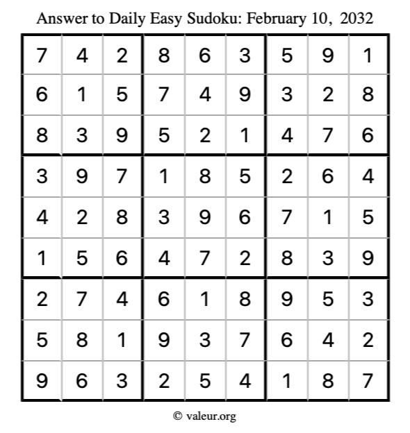 Answer to easy sudoku February 10, 2032