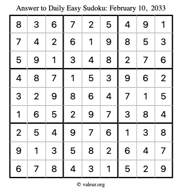 Answer to easy sudoku February 10, 2033