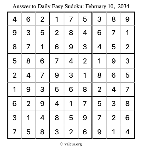 Answer to easy sudoku February 10, 2034