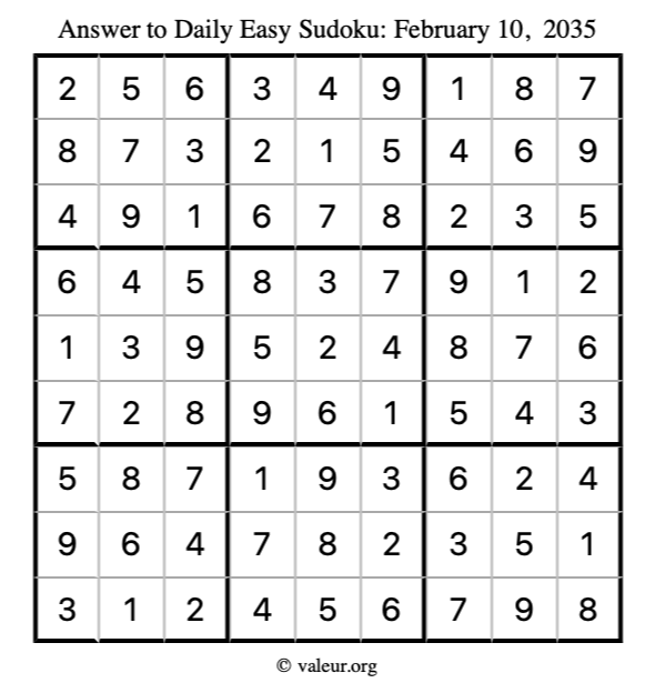 Answer to easy sudoku February 10, 2035