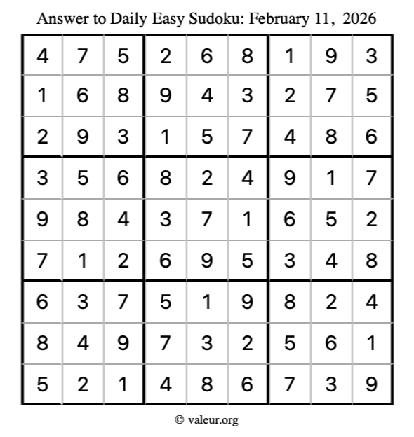 Answer to easy sudoku February 11, 2026