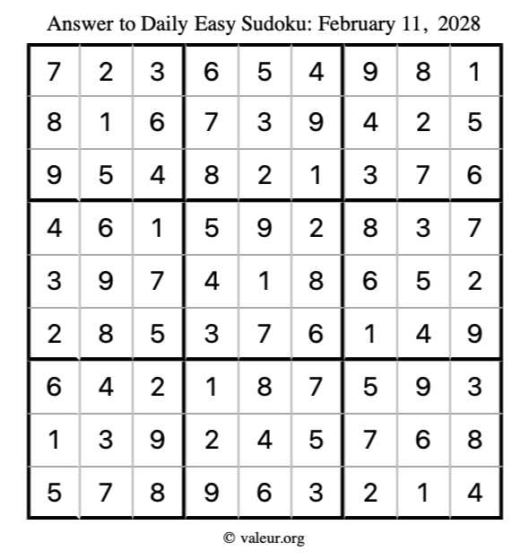 Answer to easy sudoku February 11, 2028