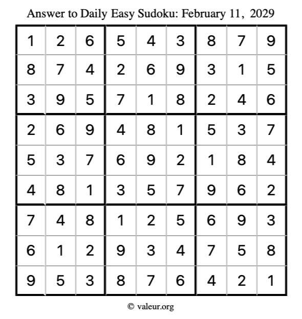 Answer to easy sudoku February 11, 2029