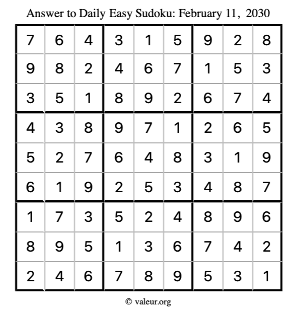 Answer to easy sudoku February 11, 2030