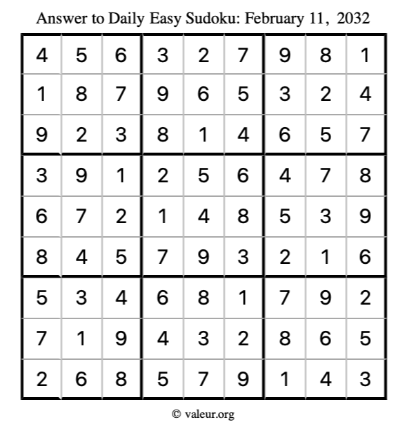 Answer to easy sudoku February 11, 2032