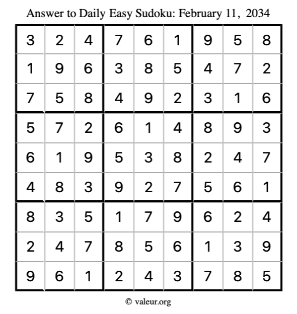 Answer to easy sudoku February 11, 2034