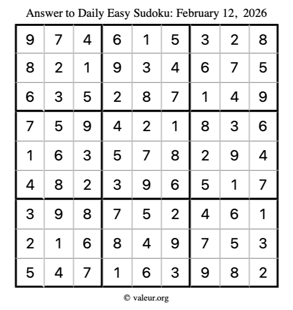 Answer to easy sudoku February 12, 2026