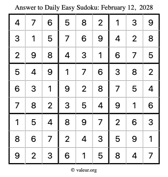 Answer to easy sudoku February 12, 2028