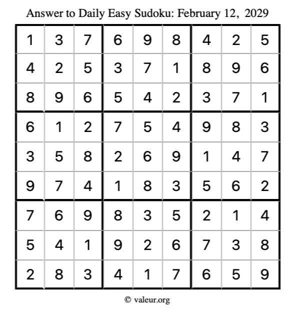 Answer to easy sudoku February 12, 2029