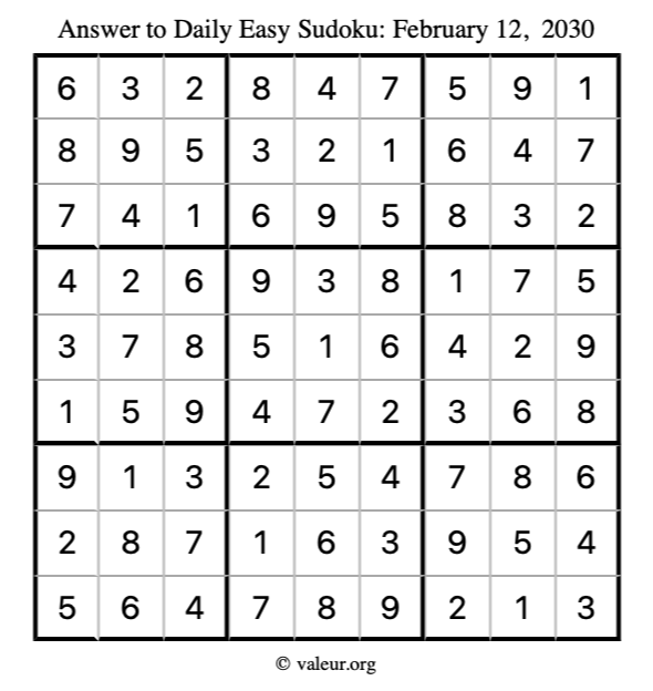 Answer to easy sudoku February 12, 2030