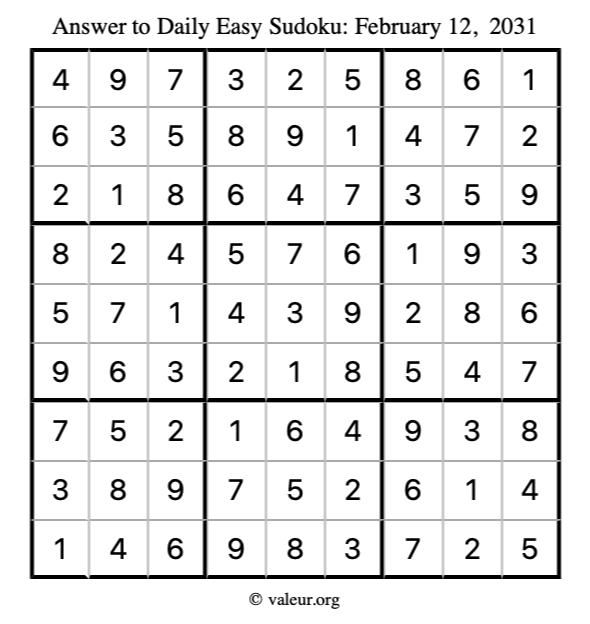 Answer to easy sudoku February 12, 2031