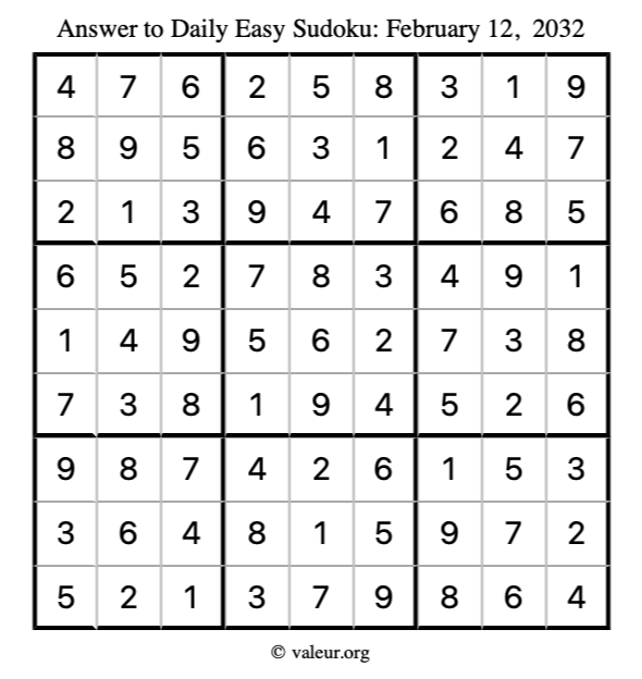 Answer to easy sudoku February 12, 2032