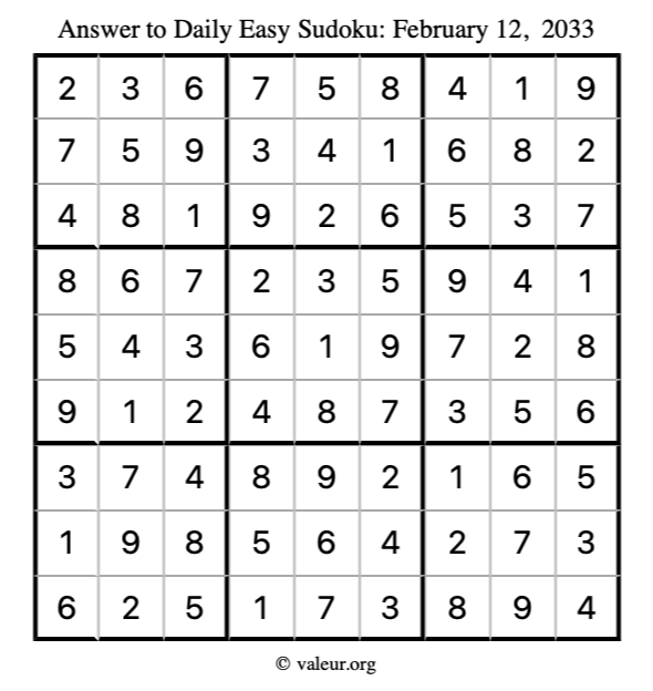 Answer to easy sudoku February 12, 2033
