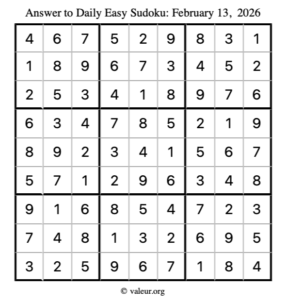Answer to easy sudoku February 13, 2026