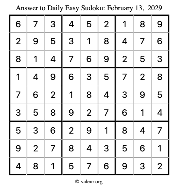 Answer to easy sudoku February 13, 2029