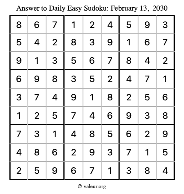 Answer to easy sudoku February 13, 2030