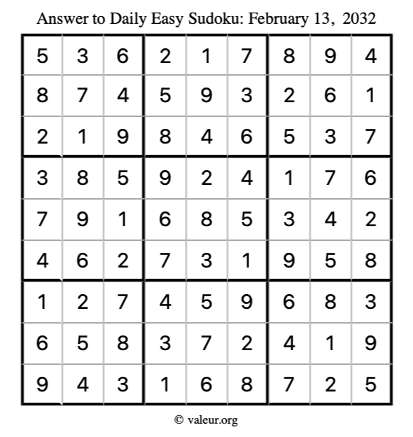 Answer to easy sudoku February 13, 2032