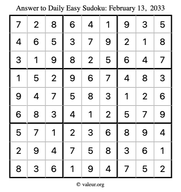 Answer to easy sudoku February 13, 2033
