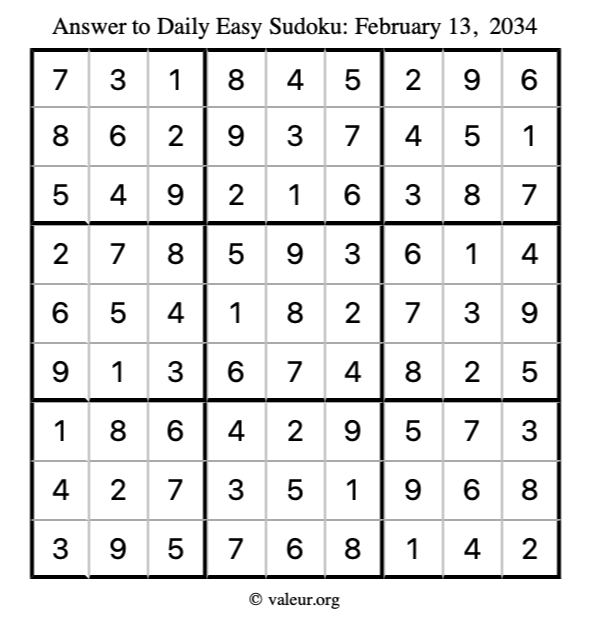 Answer to easy sudoku February 13, 2034