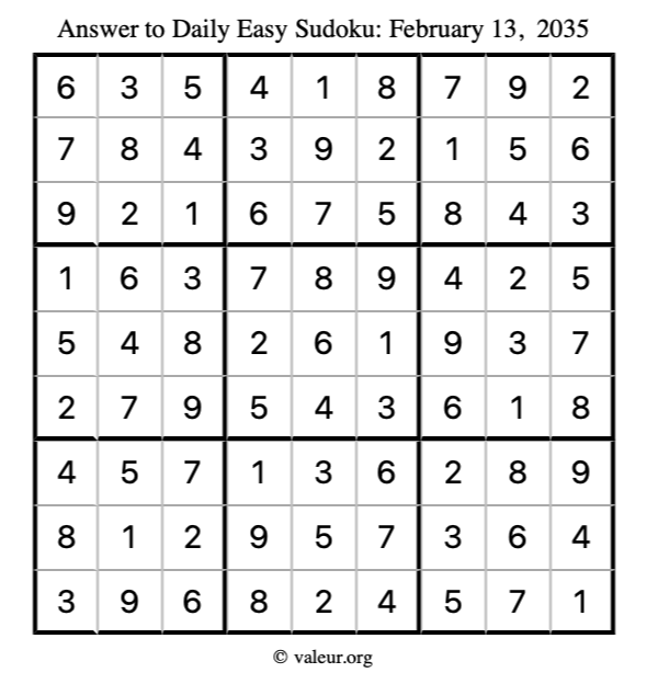 Answer to easy sudoku February 13, 2035