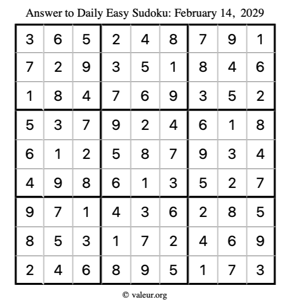 Answer to easy sudoku February 14, 2029