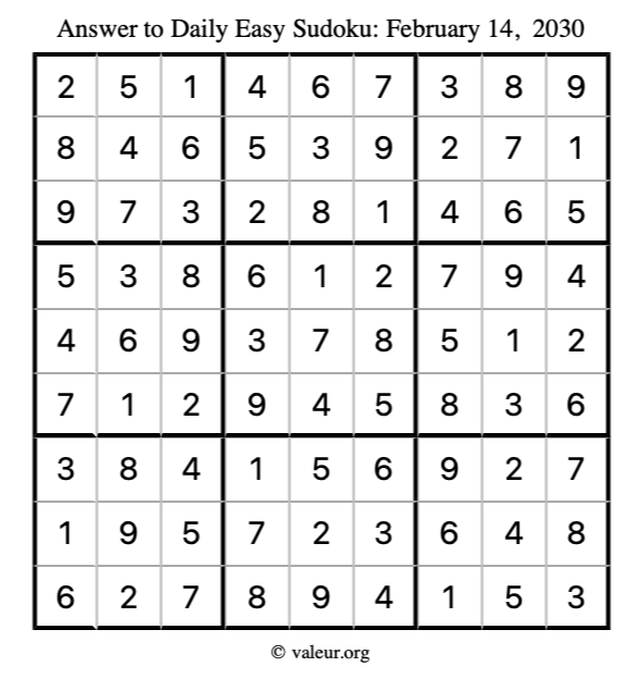 Answer to easy sudoku February 14, 2030