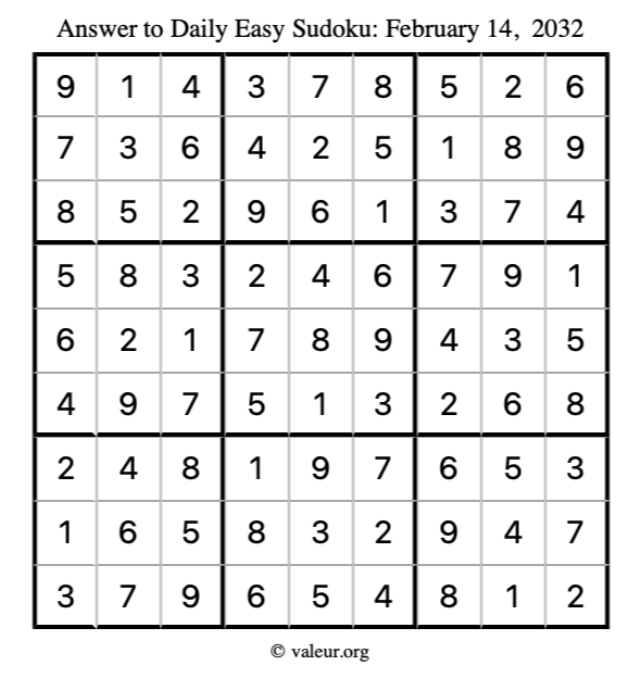 Answer to easy sudoku February 14, 2032