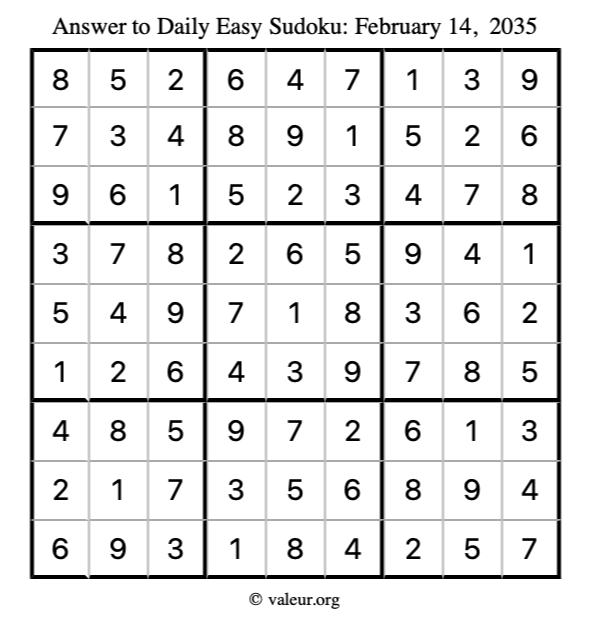 Answer to easy sudoku February 14, 2035