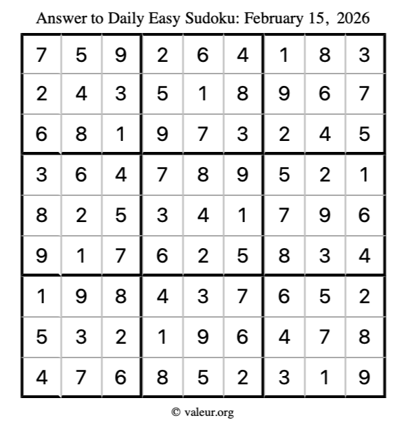 Answer to easy sudoku February 15, 2026
