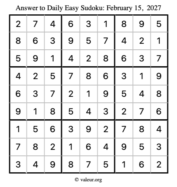 Answer to easy sudoku February 15, 2027