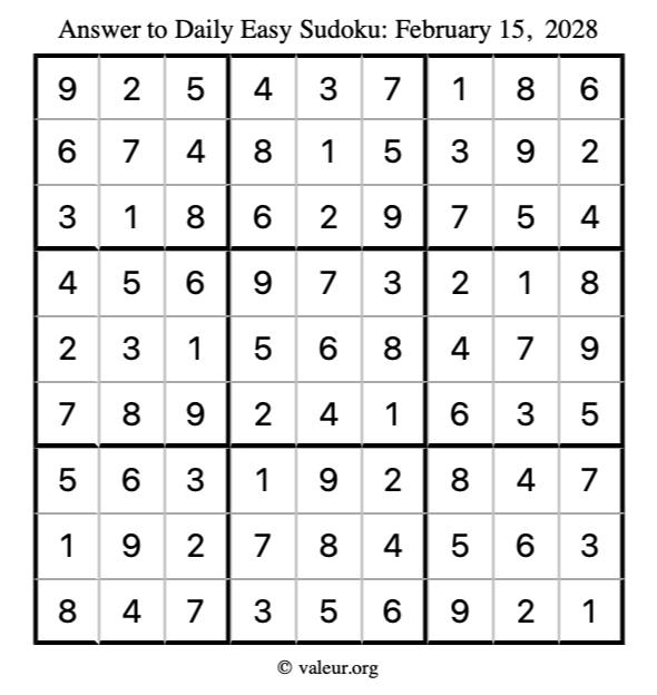 Answer to easy sudoku February 15, 2028