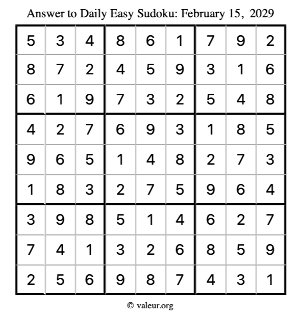 Answer to easy sudoku February 15, 2029